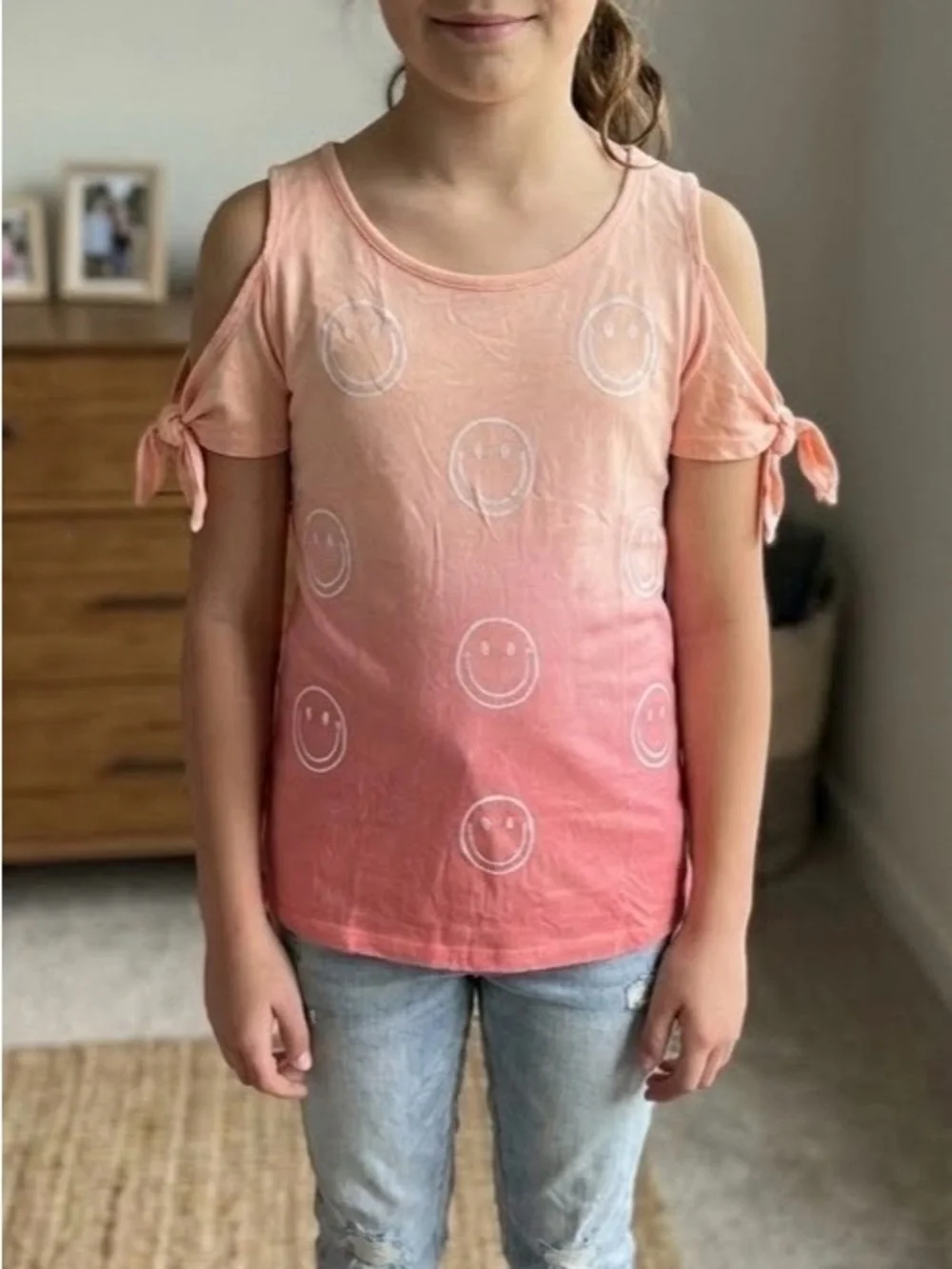 🧡NWT Justice Girls' Pink Cold-Shoulder Glitter Smiley Tee Size 12